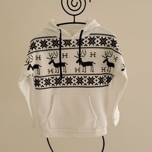 White hoody, screen printed reindeer pattern
